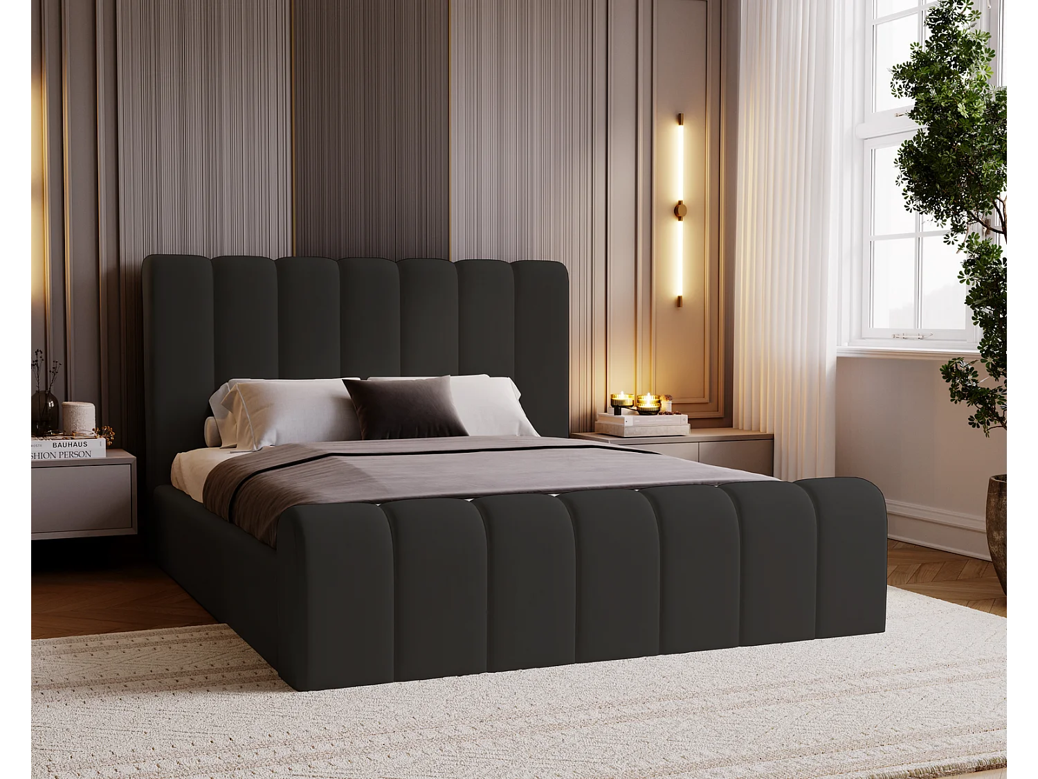 Emporius bed 140x200 Valetta - tweepersoonsbed met opbergruimte, luxe bed met lattenbodem en bedlade - Gestoffeerd bed 140x200 - Zwart (Amor Velvet 4322)