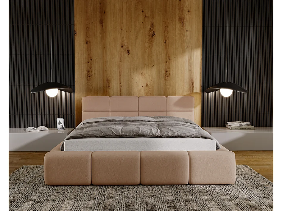 Emporius tweepersoonsbed 140x200, gestoffeerd bed Oslo -  dik foam, lattenbodem, fluwelen - Bruin (Solar 12)