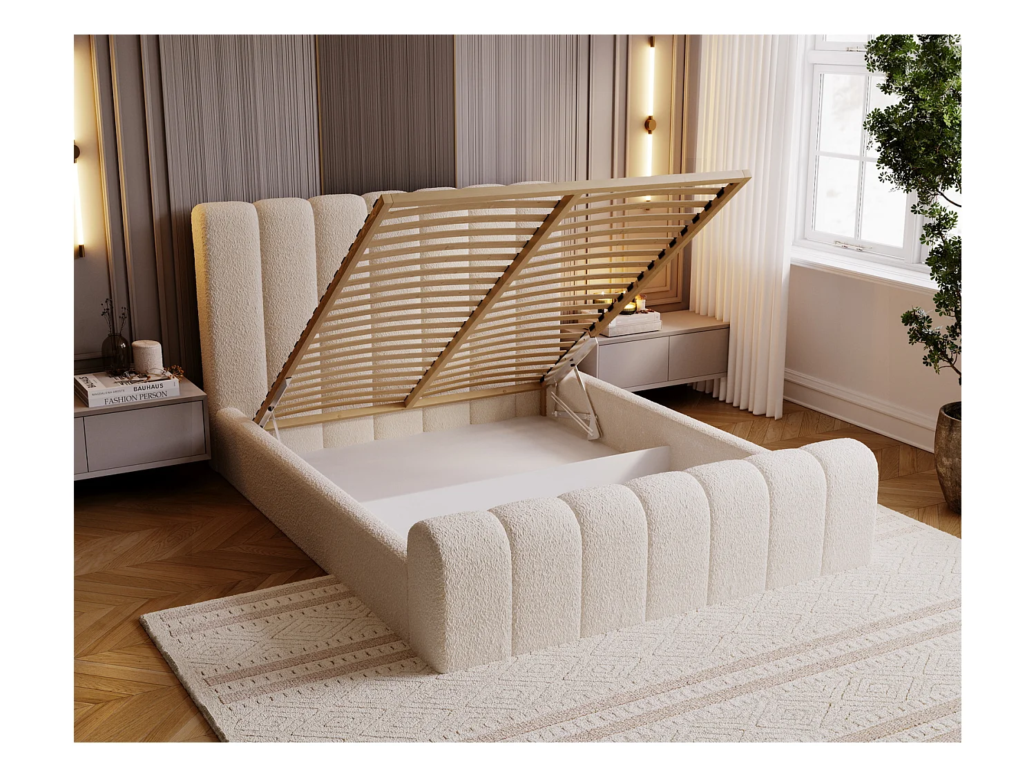Emporius bed bouclé 200x200 Valetta - Gestoffeerd bed met opbergruimte, luxe bed met lattenbodem en bedlade - tweepersoonsbed 200x200 - Crème (Anthology 1)