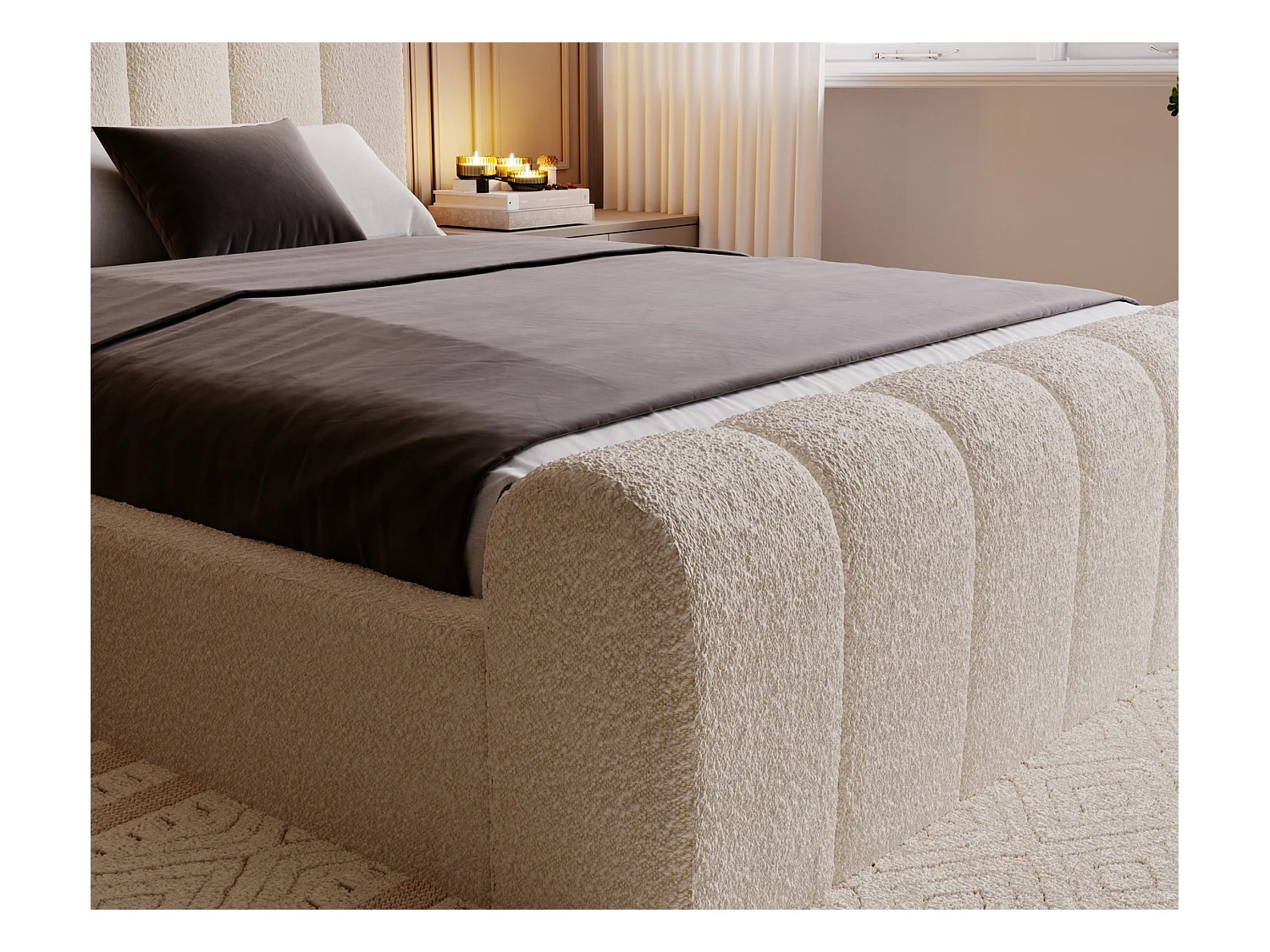 Emporius Lit 200x200 Valetta - Lit Rembourré avec Rangement, Sommier à Lattes, Lit adulte 200x200 bouclé - Crème (Anthology 1)