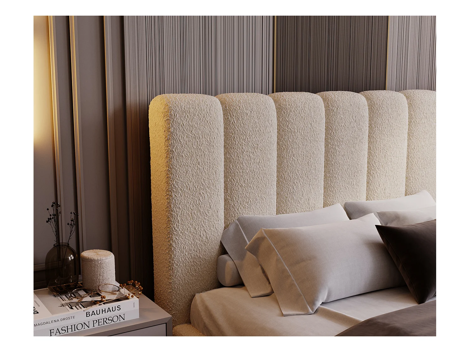 Emporius Lit 200x200 Valetta - Lit Rembourré avec Rangement, Sommier à Lattes, Lit adulte 200x200 bouclé - Crème (Anthology 1)