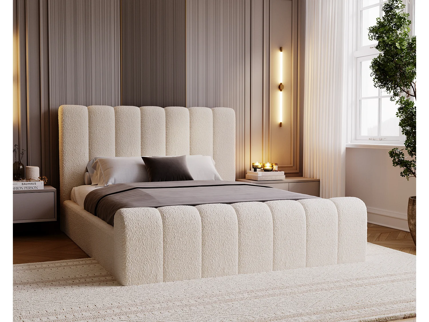 Emporius bed bouclé 140x200 Valetta - Gestoffeerd bed met opbergruimte, luxe bed met lattenbodem en bedlade - tweepersoonsbed 140x200 - Crème (Anthology 1)