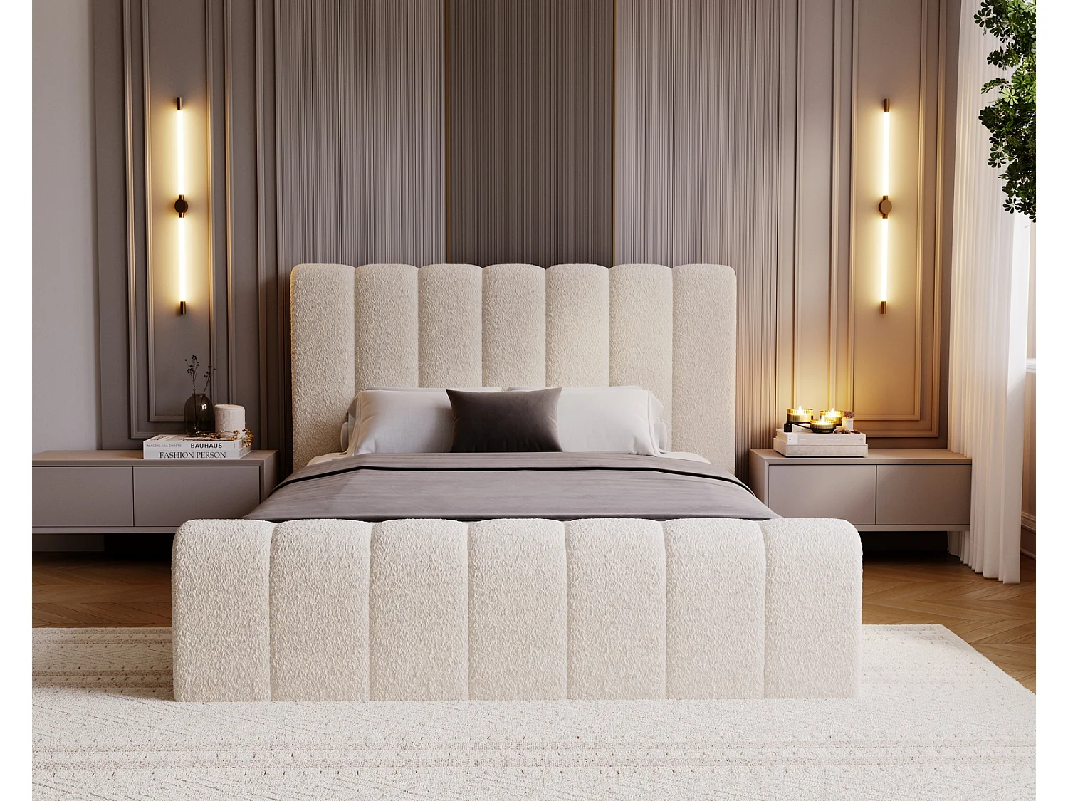 Emporius bed bouclé 140x200 Valetta - Gestoffeerd bed met opbergruimte, luxe bed met lattenbodem en bedlade - tweepersoonsbed 140x200 - Crème (Anthology 1)