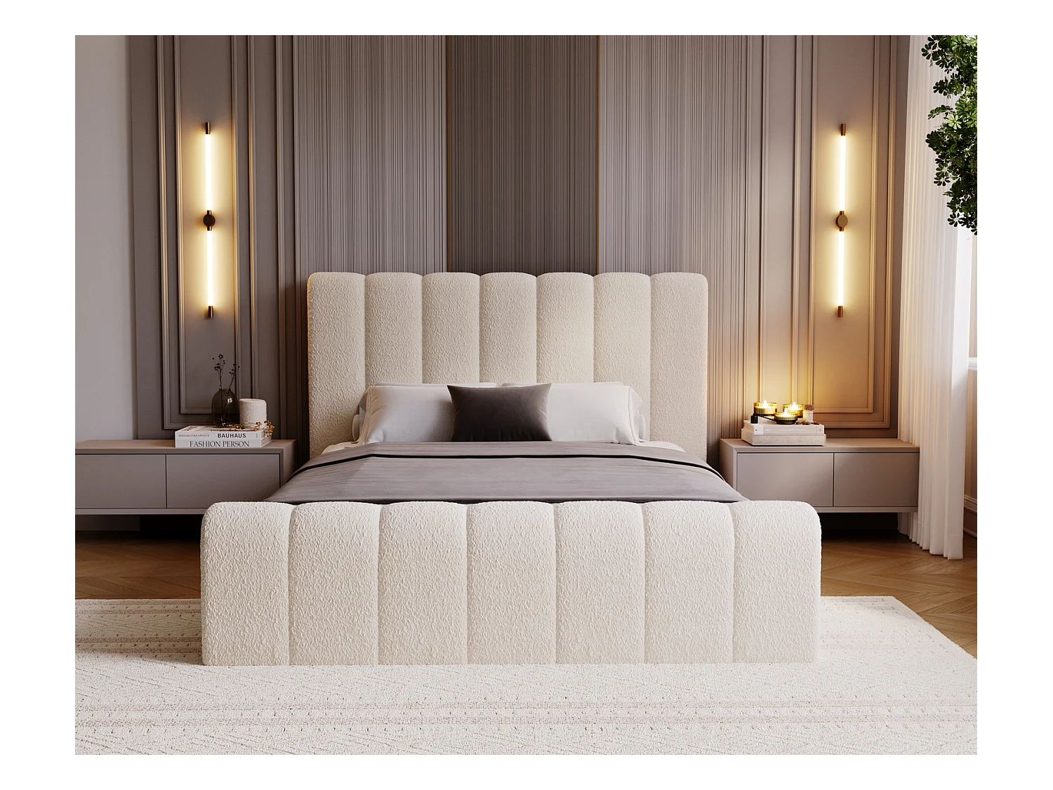 Emporius Lit 140x200 Valetta - Lit Rembourré avec Rangement, Sommier à Lattes, Lit adulte 140x200 bouclé - Crème (Anthology 1)