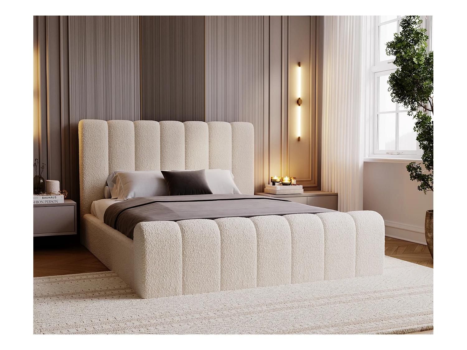 Emporius Lit 140x200 Valetta - Lit Rembourré avec Rangement, Sommier à Lattes, Lit adulte 140x200 bouclé - Crème (Anthology 1)