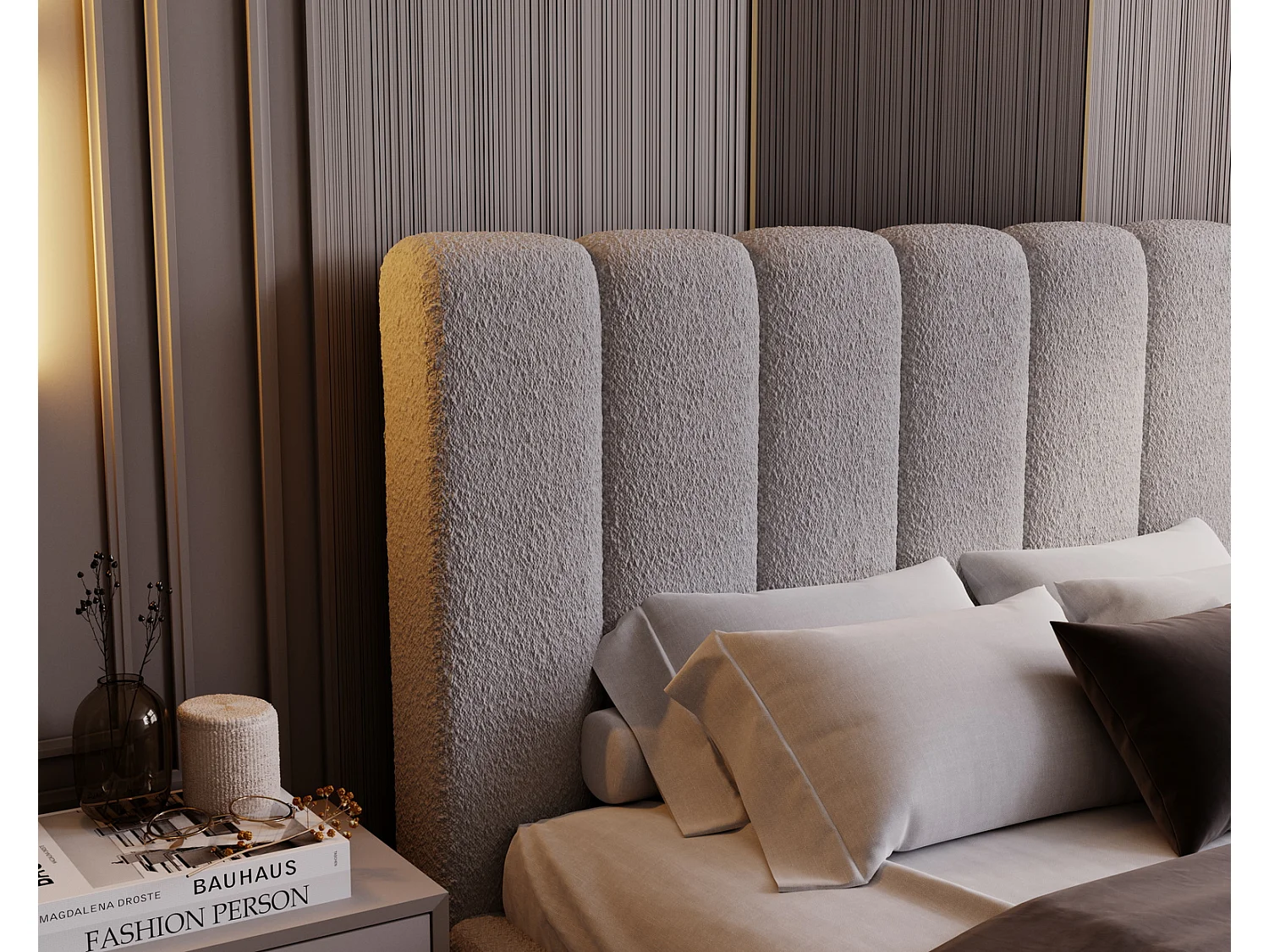 Emporius bed bouclé 140x200 Valetta - Gestoffeerd bed met opbergruimte, luxe bed met lattenbodem en bedlade - tweepersoonsbed 140x200 - Lichtgrijs (Anthology 15)