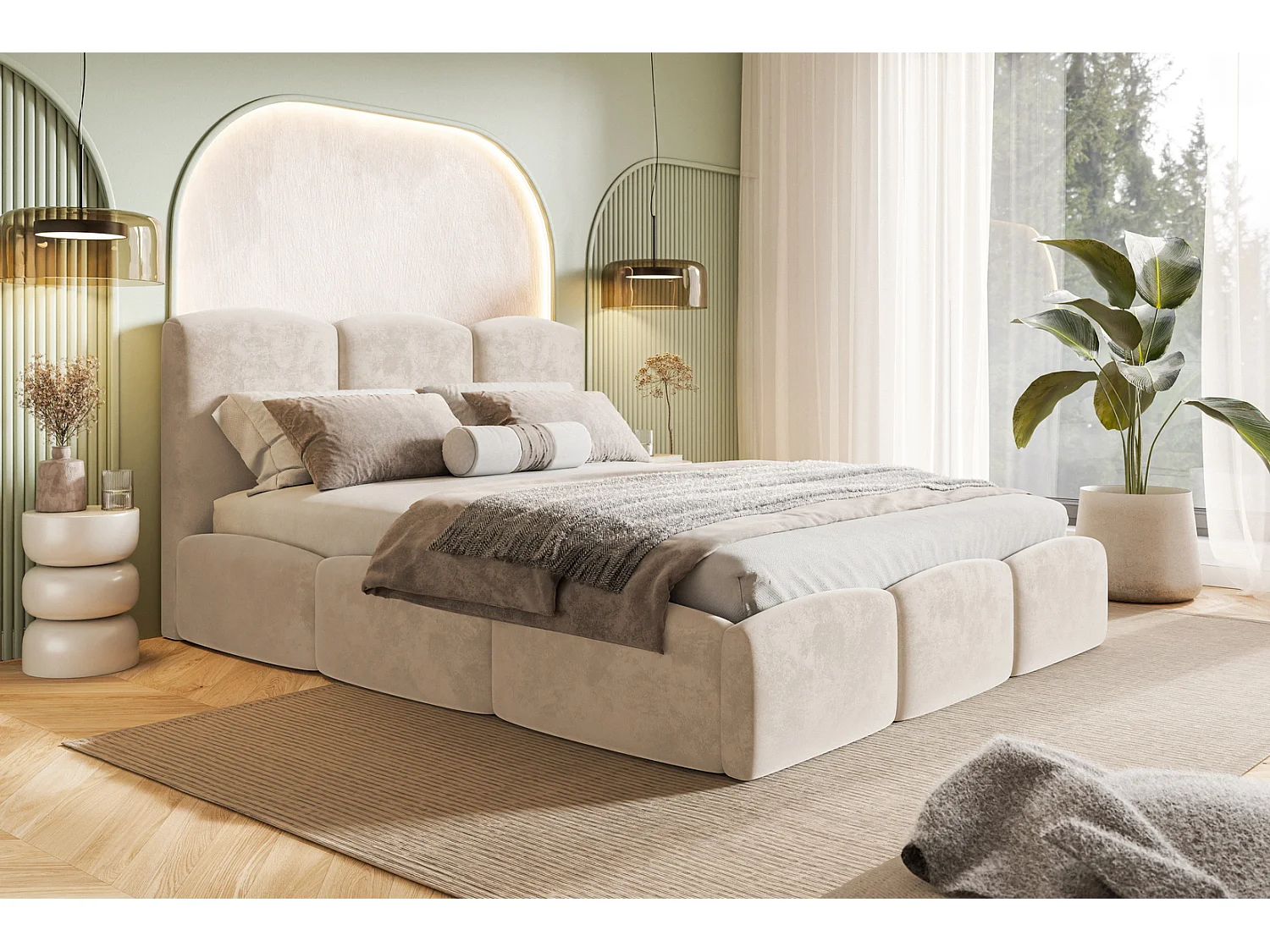 Emporius Lit 140x200 Roma Slim - Lit coffre 140x200, lit double avec Rangement, tissu velvet - Beige (Amor Velvet 4304)