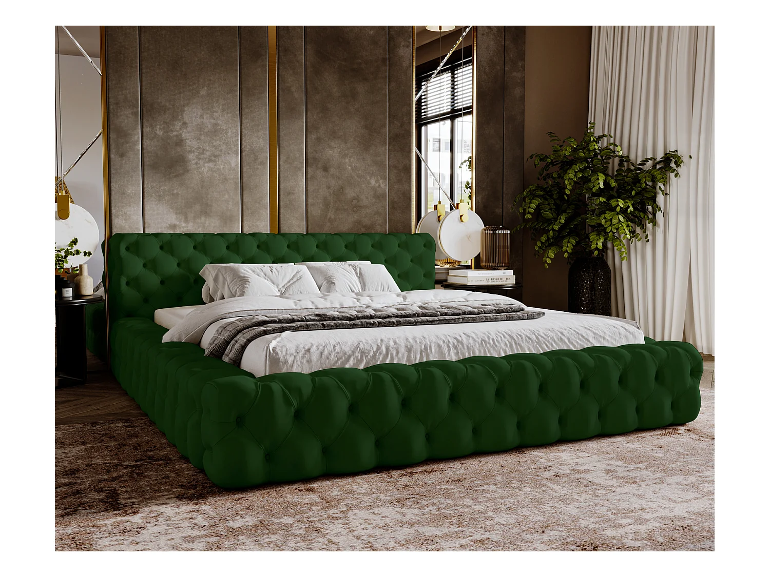Emporius gestoffeerd bed 160x200 Vigo, bed met lattenbodem - tweepersoonsbed 160x200 cm, groot hoofdeinde - fluwelen Groen (Amor Velvet 4311)