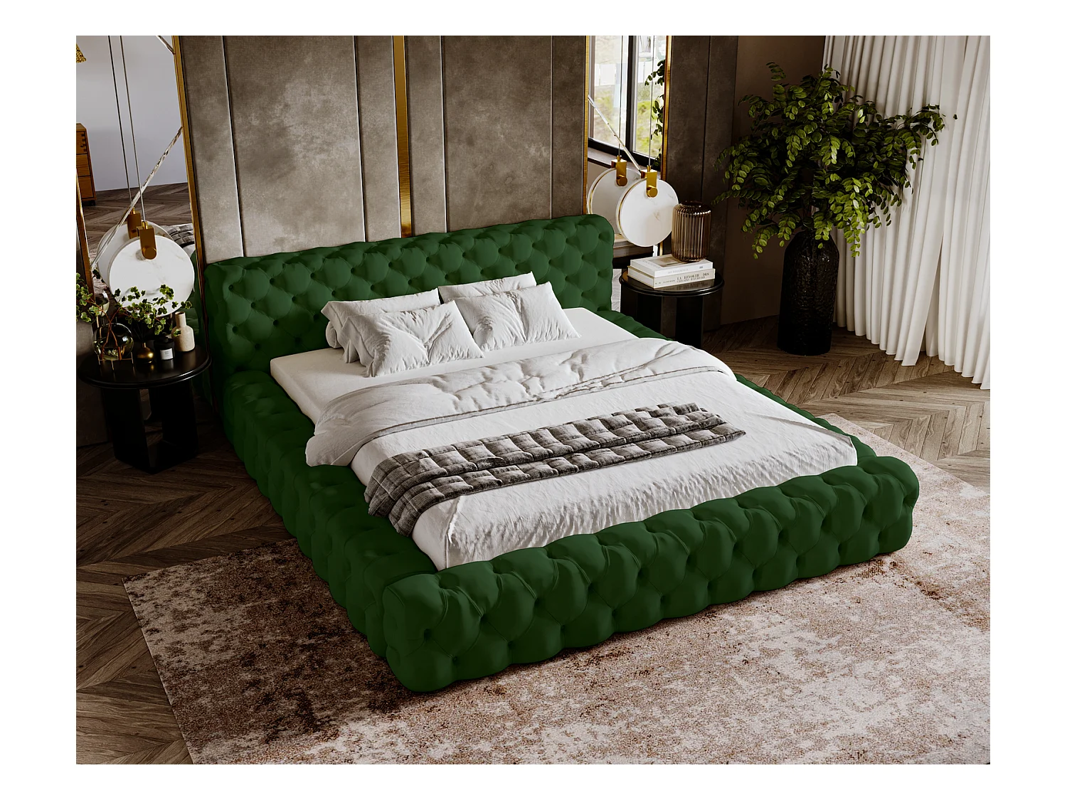 Emporius Lit rembourré avec rangement Vigo, Lit adulte 160x200 cm - Vert (Amor Velvet 4311)