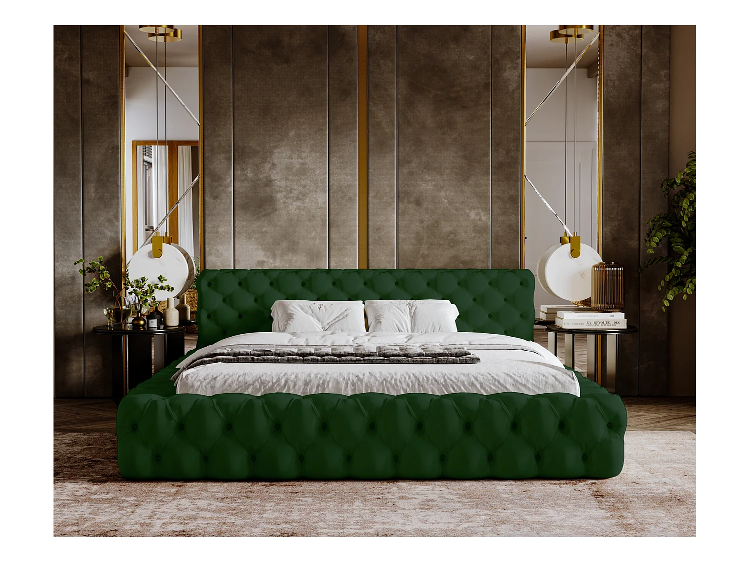 Emporius Lit rembourré avec rangement Vigo, Lit adulte 160x200 cm - Vert (Amor Velvet 4311)