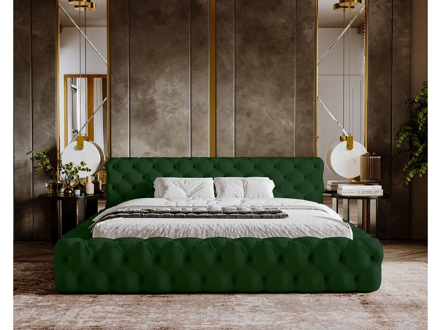 Emporius Lit rembourré avec rangement Vigo, Lit adulte 160x200 cm - Vert (Amor Velvet 4311)