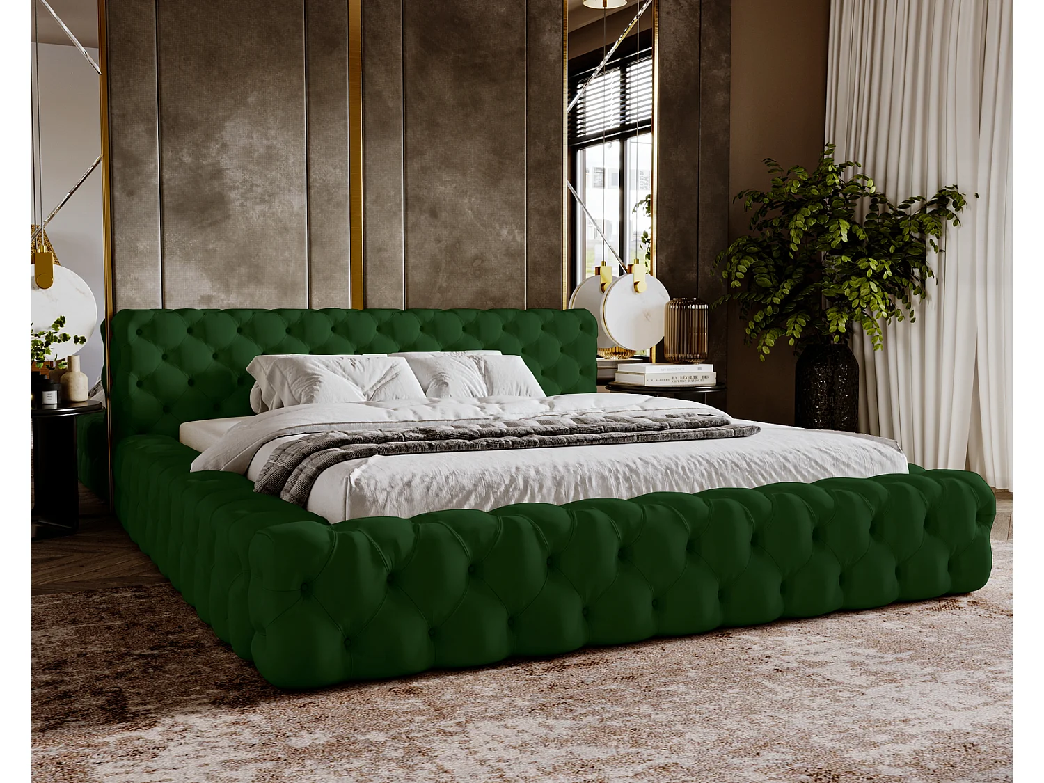 Emporius Lit rembourré avec rangement Vigo, Lit adulte 160x200 cm - Vert (Amor Velvet 4311)