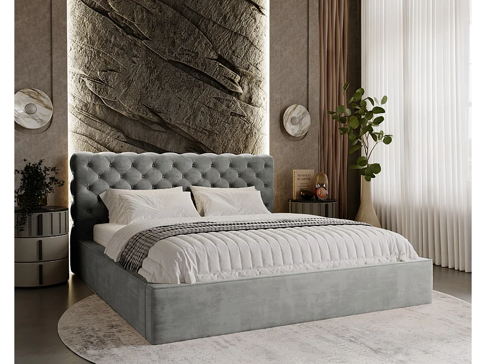 Emporius Tweepersoonsbed 200x200 Ali - glamourstijl, gestoffeerd bed, lattenbodem, opbergruimte - fluweel Grijs (Magic Velvet 2217)