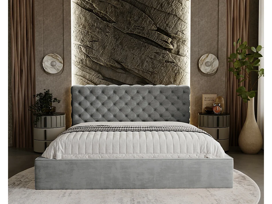 Emporius Lit double avec rangement 200x200 Ali - Lit adulte glamour - Velour Gris (Magic Velvet 2217)