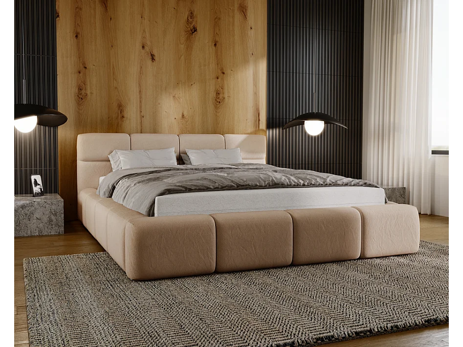 Emporius tweepersoonsbed 160x200, gestoffeerd bed Oslo -  dik foam, lattenbodem, fluwelen - Bruin (Solar 12)