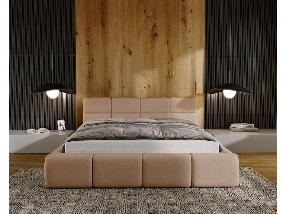 Emporius tweepersoonsbed 160x200, gestoffeerd bed Oslo -  dik foam, lattenbodem, fluwelen - Bruin (Solar 12)