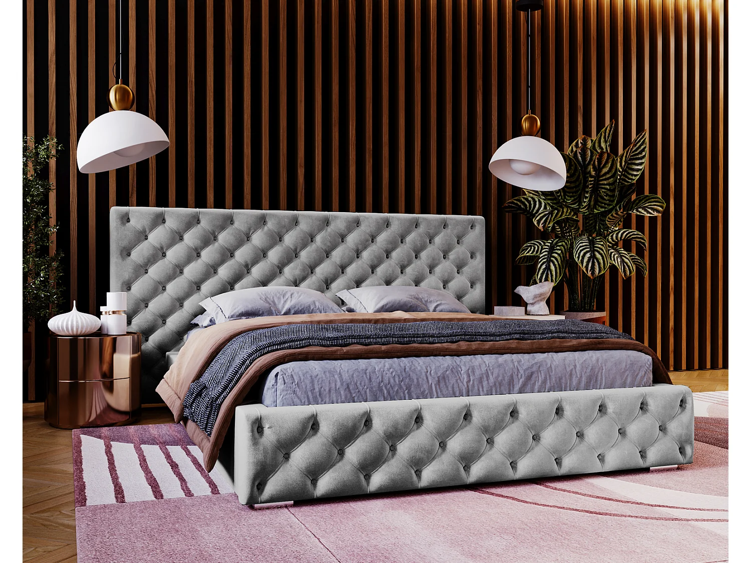 Emporius tweepersoonsbed 180x200 Bella, glamourstijl - gestoffeerd bed, chesterfield, opbergruimte - fluweel Grijs (Magic Velvet 2217)