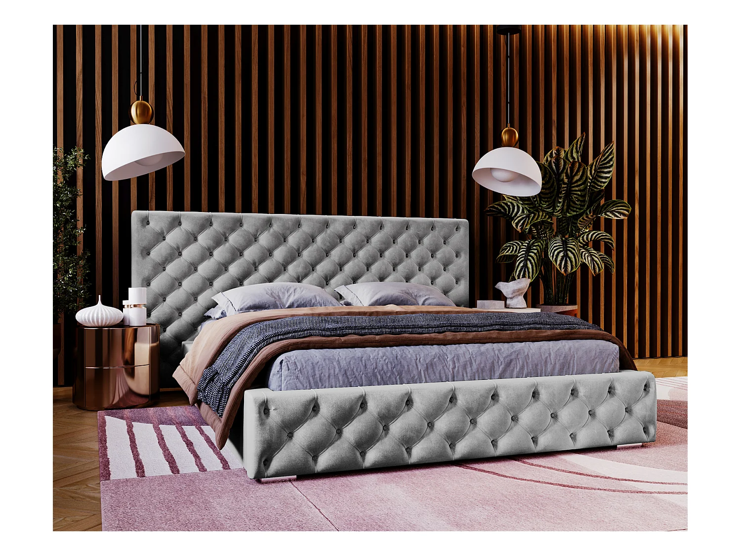 Emporius Lit double 180x200 Bella - Chesterfield Lit, tissu Velvet, Rangement, Sommier à Lattes - Lit double Gris (Magic Velvet 2217)
