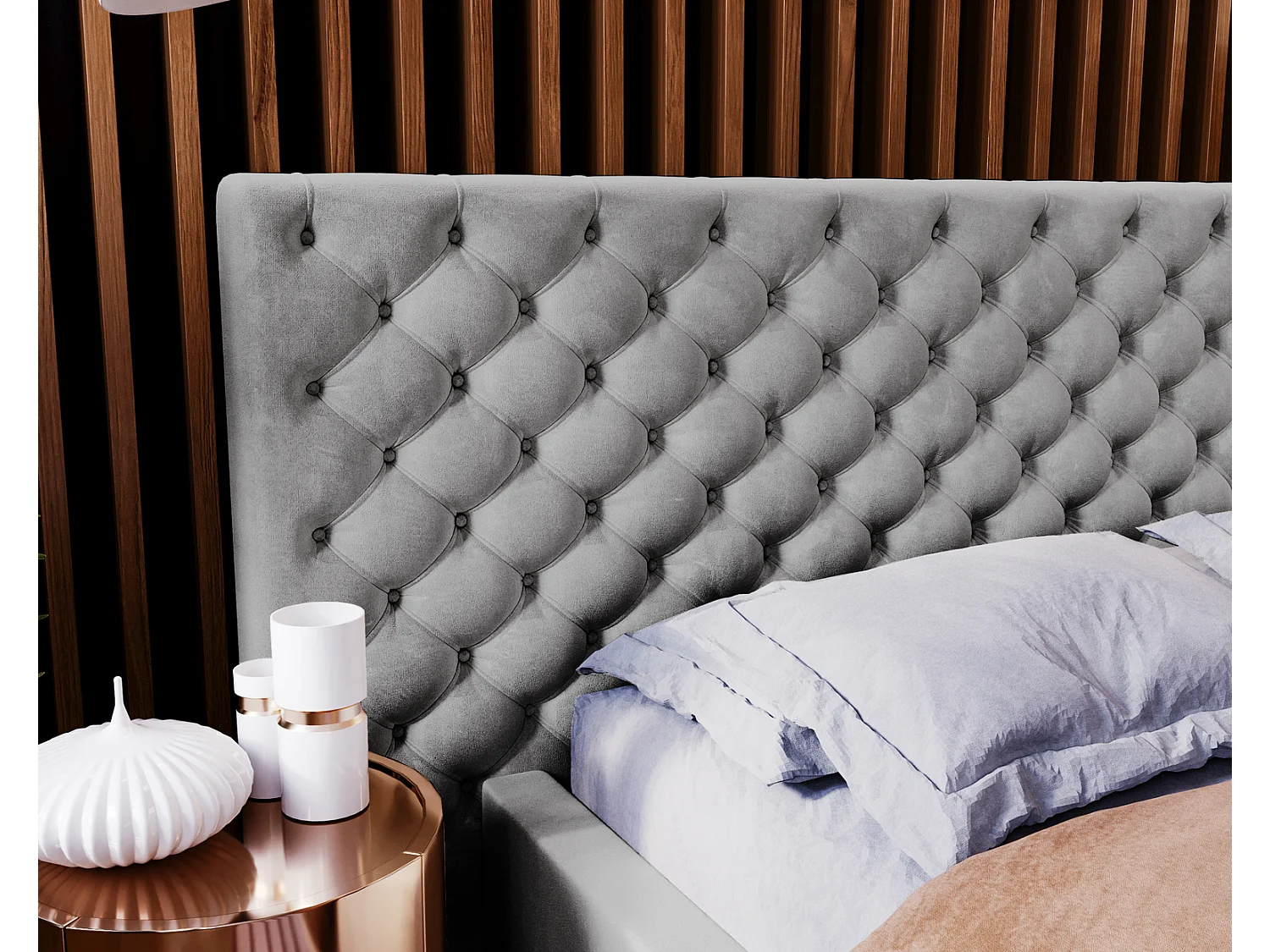 Emporius Lit double 180x200 Bella - Chesterfield Lit, tissu Velvet, Rangement, Sommier à Lattes - Lit double Gris (Magic Velvet 2217)