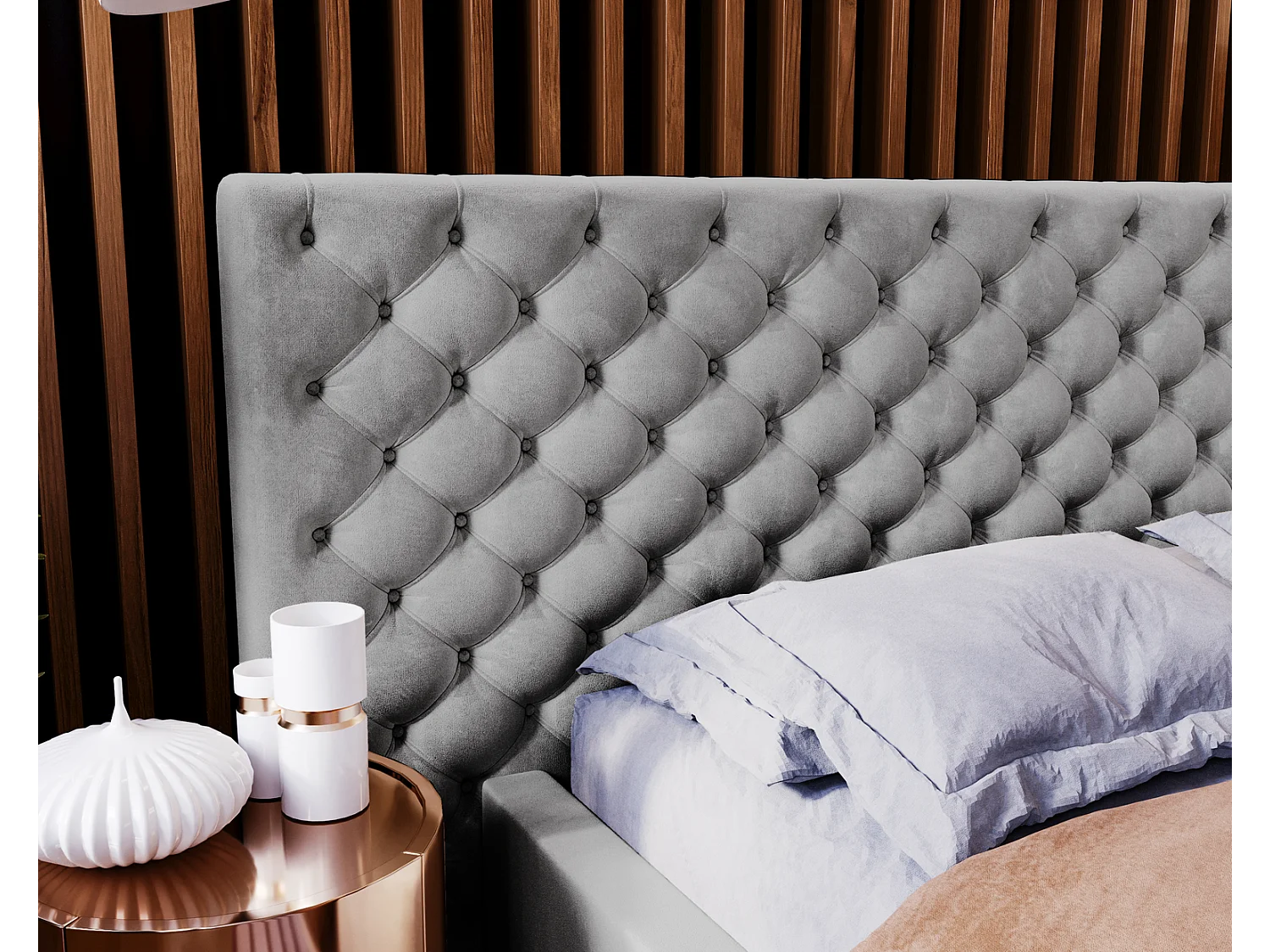 Emporius tweepersoonsbed 180x200 Bella, glamourstijl - gestoffeerd bed, chesterfield, opbergruimte - fluweel Grijs (Magic Velvet 2217)