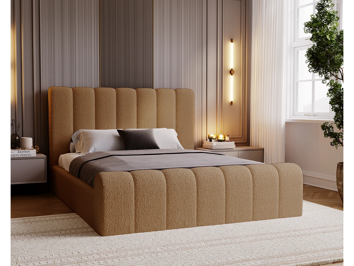 Emporius bed bouclé 180x200 Valetta - Gestoffeerd bed met opbergruimte, luxe bed met lattenbodem en bedlade - tweepersoonsbed 180x200 - Oranje (Anthology 10)