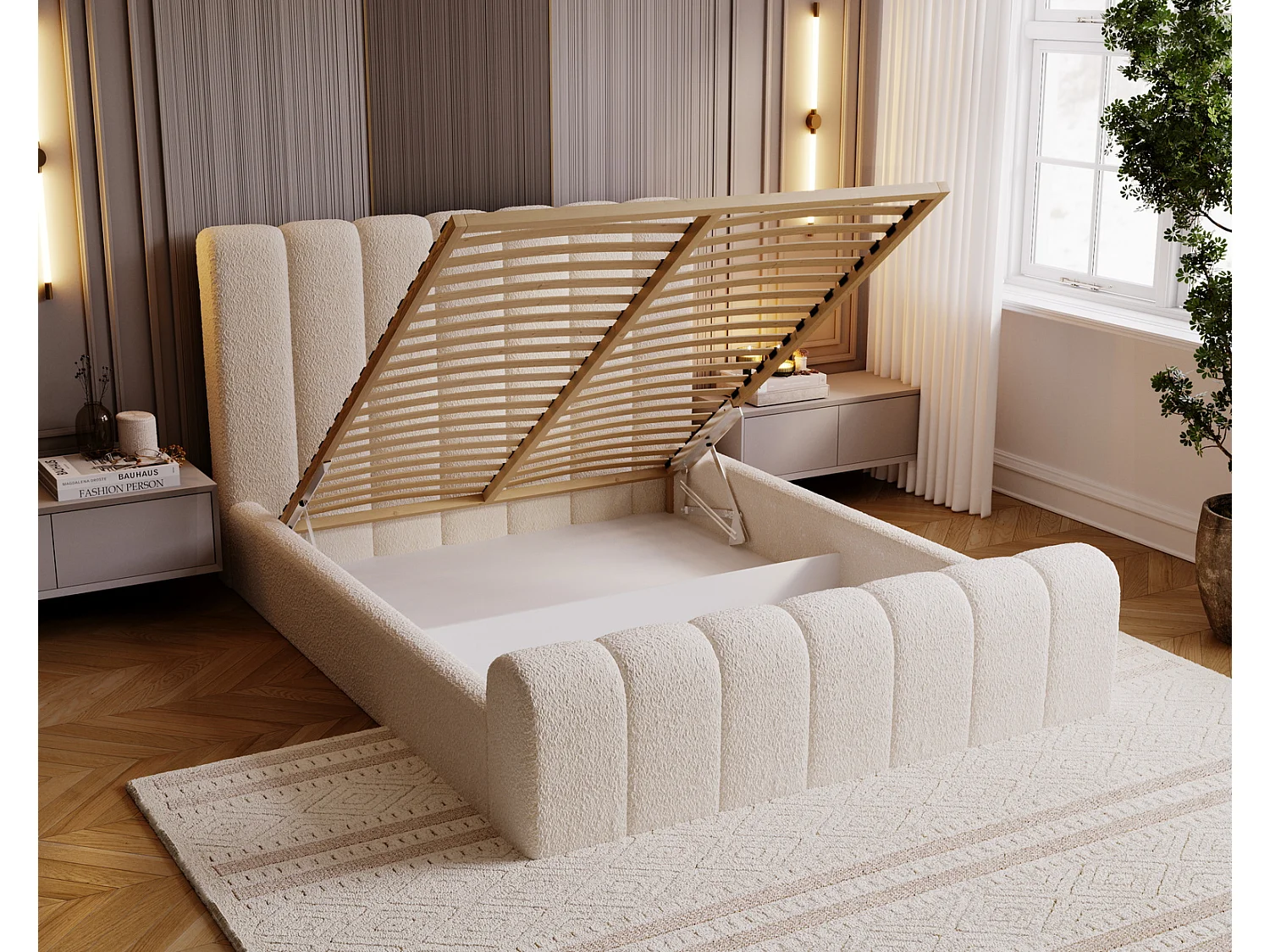 Emporius bed bouclé 180x200 Valetta - Gestoffeerd bed met opbergruimte, luxe bed met lattenbodem en bedlade - tweepersoonsbed 180x200 - Donkergrijs (Anthology 18)