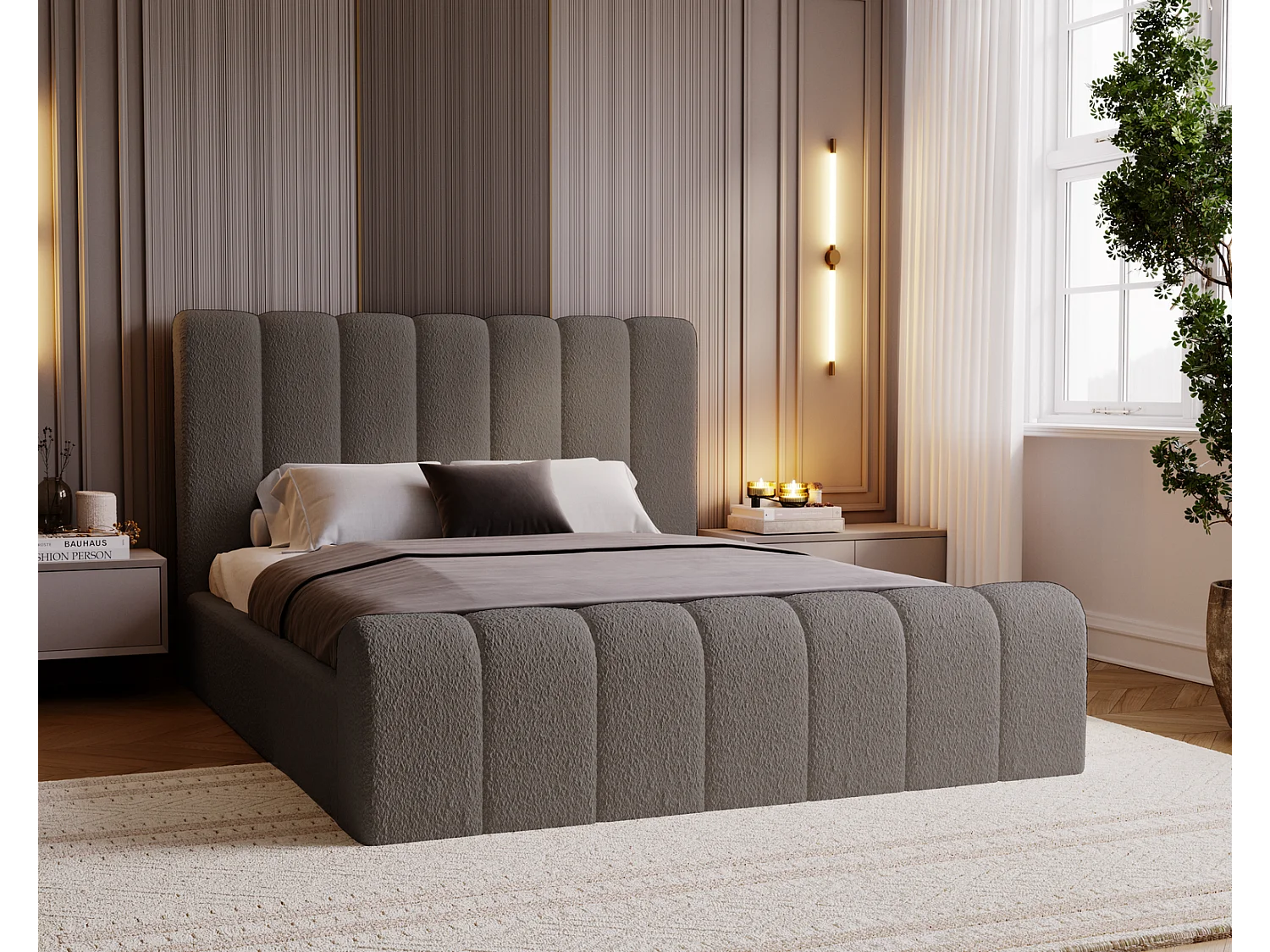 Emporius bed bouclé 180x200 Valetta - Gestoffeerd bed met opbergruimte, luxe bed met lattenbodem en bedlade - tweepersoonsbed 180x200 - Donkergrijs (Anthology 18)