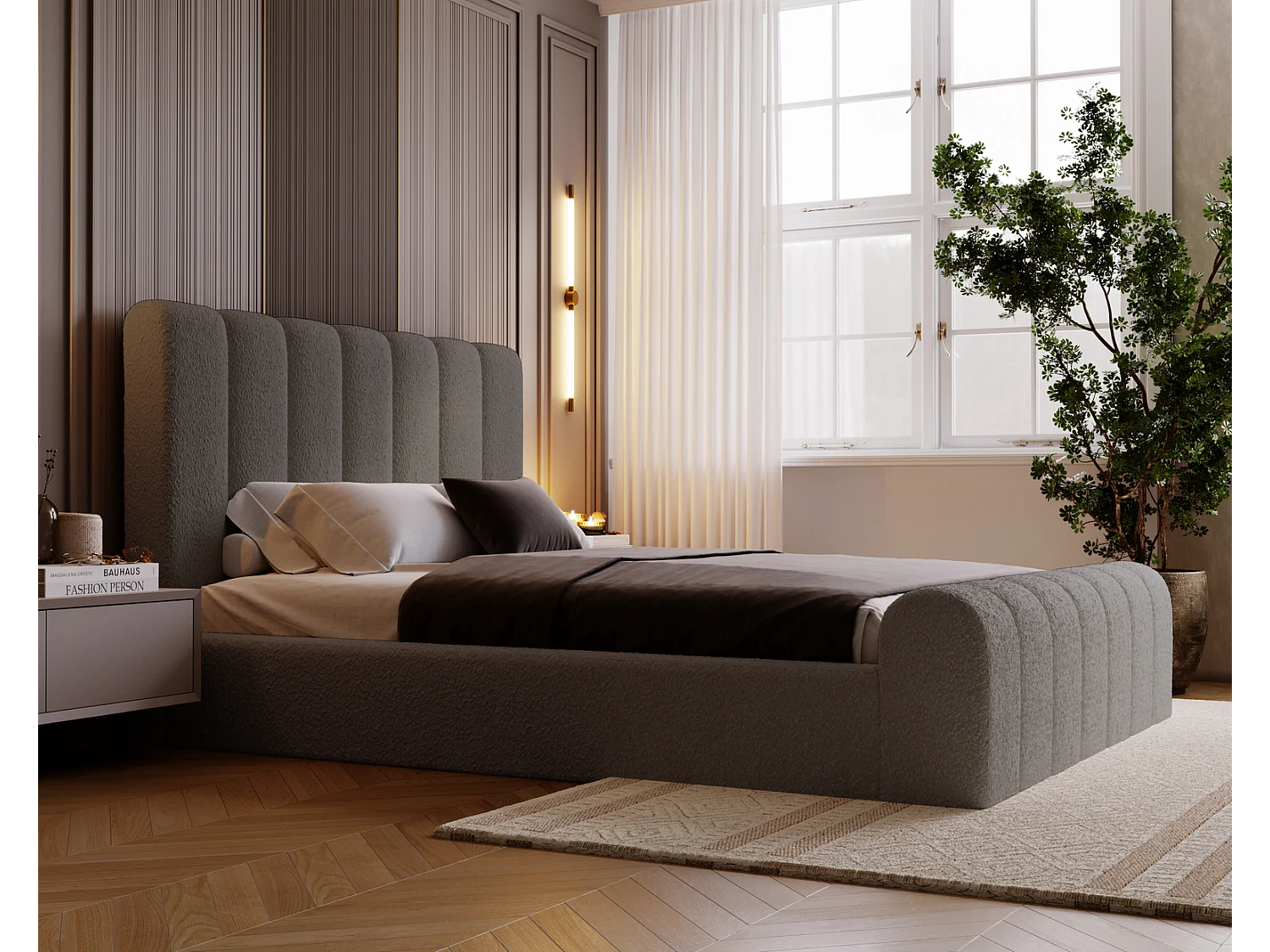 Emporius bed bouclé 180x200 Valetta - Gestoffeerd bed met opbergruimte, luxe bed met lattenbodem en bedlade - tweepersoonsbed 180x200 - Donkergrijs (Anthology 18)