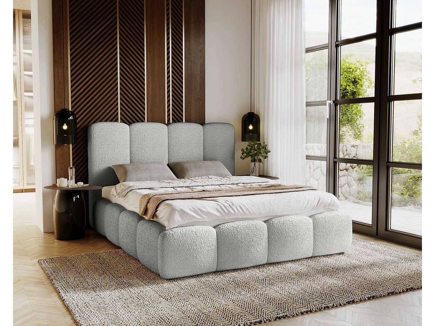 Emporius Merkad Boucle Lit double 140x200 - lit adutle avec rangement, Sommier à Lattes, Coffre à Literie - Lit Rembourré 140x200 Gris clair (Anthology 15)