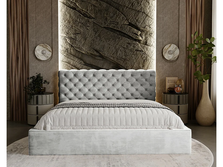 Emporius Lit double avec rangement 160x200 Ali - Lit adulte glamour - Velour Gris clair (Magic Velvet 2218)