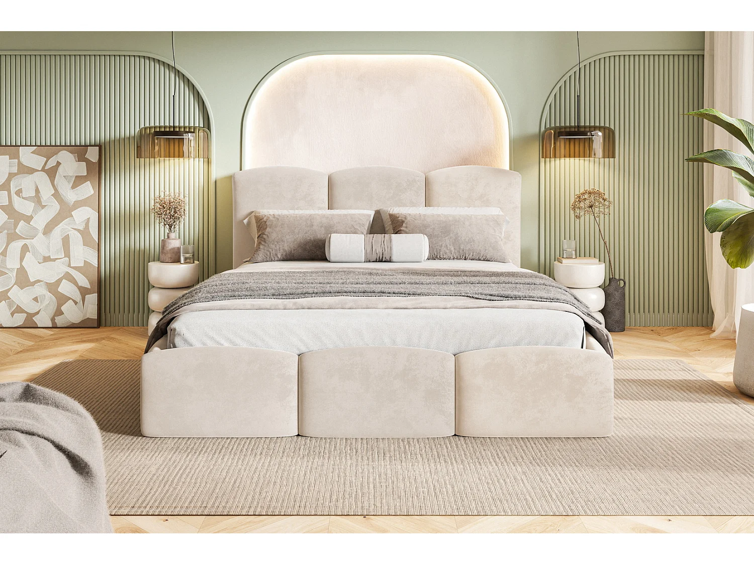 Emporius Polsterbett 160x200 Roma Slim - Bett vom Hersteller, mit Bettkasten, Velvet stoff, dickem Schaumstoff (Beige - Amor Velvet 4304)