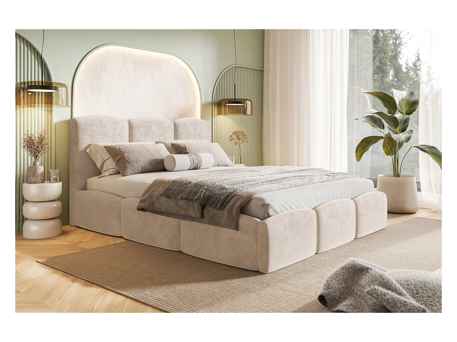 Emporius Lit 160x200 Roma Slim - Lit coffre 160x200, lit double avec Rangement, tissu velvet - Beige (Amor Velvet 4304)