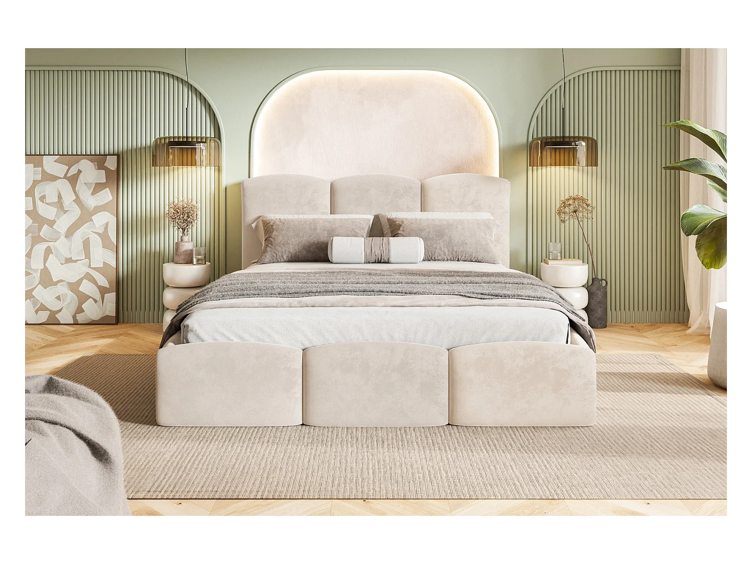 Emporius Lit 160x200 Roma Slim - Lit coffre 160x200, lit double avec Rangement, tissu velvet - Beige (Amor Velvet 4304)