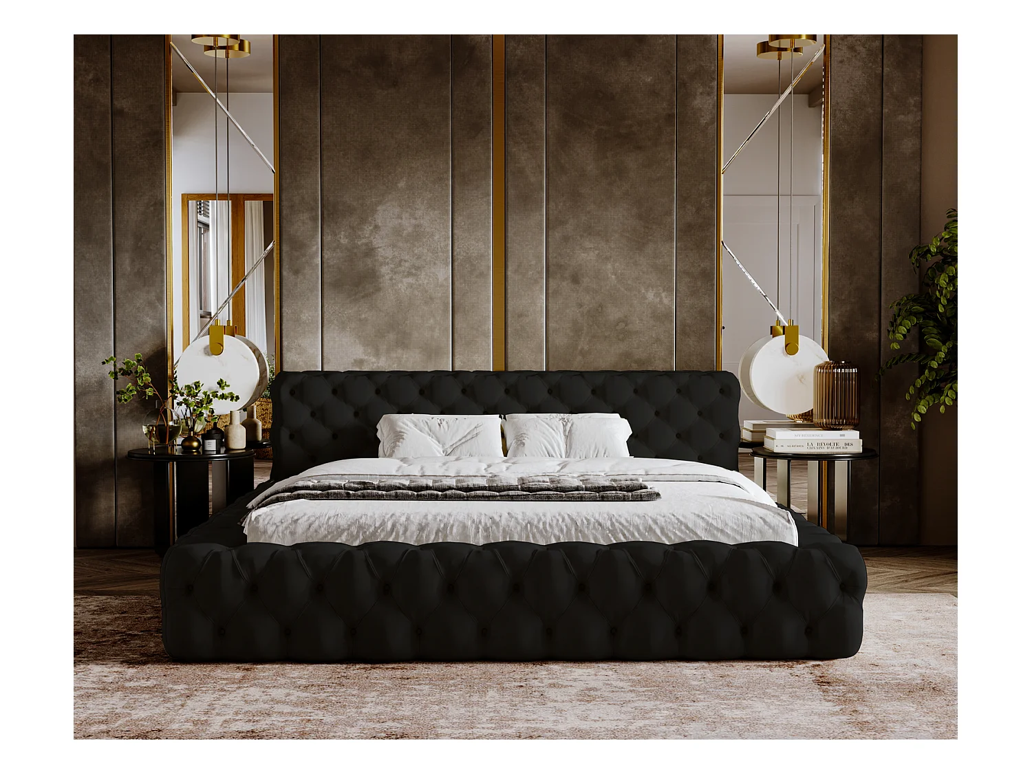 Emporius Lit rembourré avec rangement Vigo, Lit adulte 160x200 cm - Noir (Amor Velvet 4322)