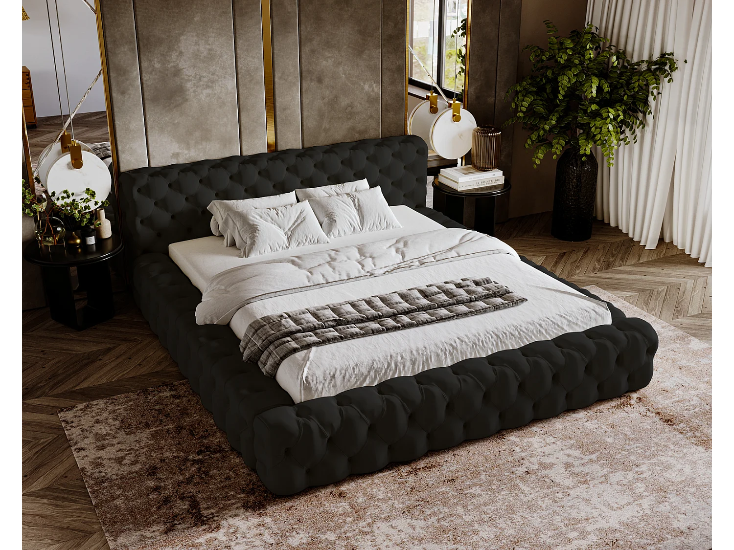 Emporius gestoffeerd bed 160x200 Vigo, bed met lattenbodem - tweepersoonsbed 160x200 cm, groot hoofdeinde - fluwelen Zwart (Amor Velvet 4322)
