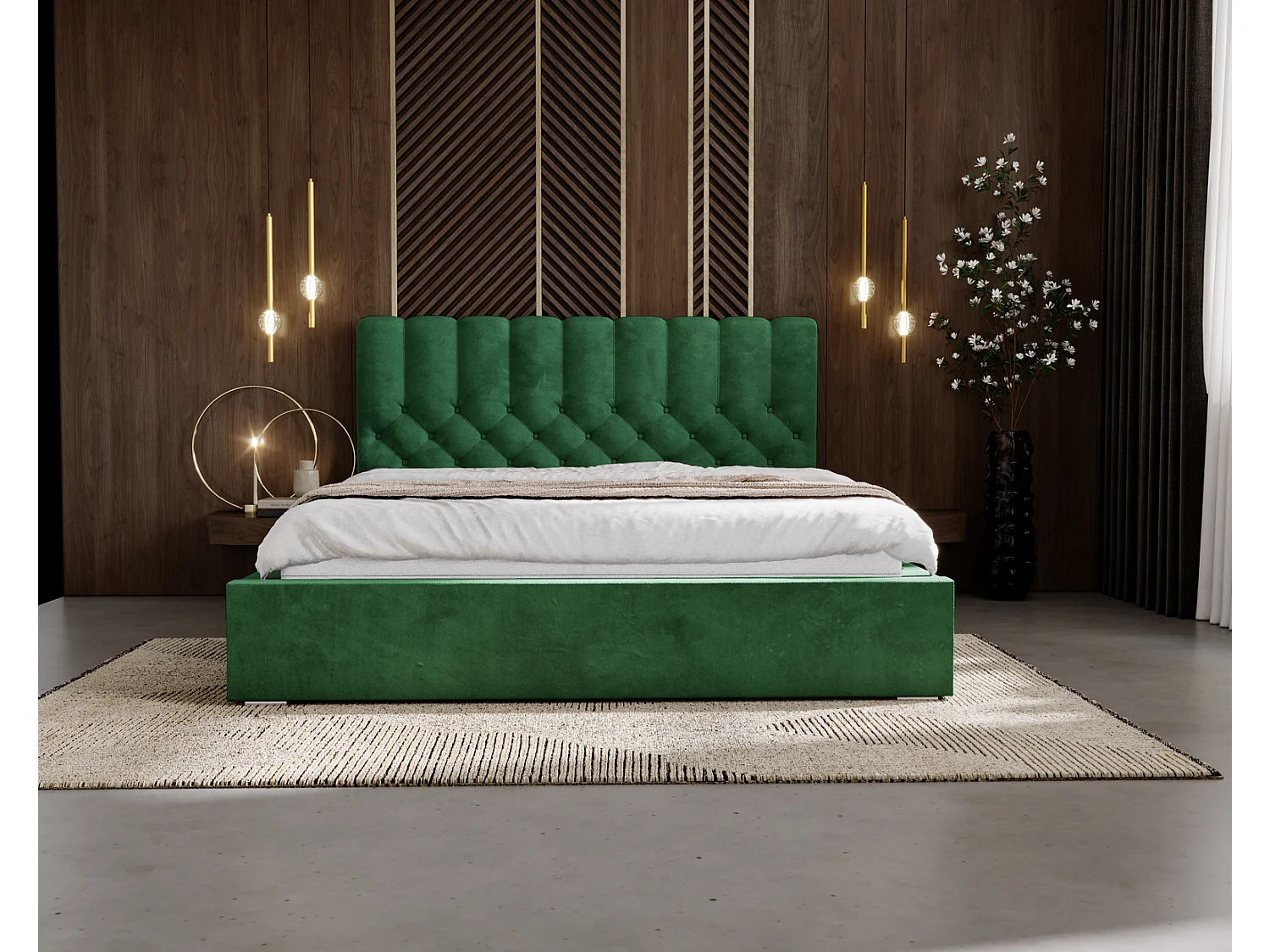 Emporius Lit rembourré 140x200 Sevilla - tête de lit, Haute rembourrée, Rangement - Lit chesterfield Vert (Magic Velvet 2225)
