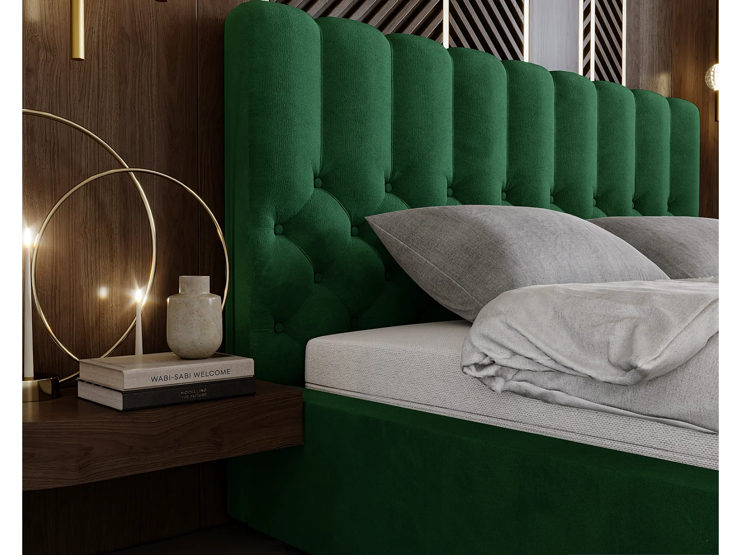 Emporius Lit rembourré 140x200 Sevilla - tête de lit, Haute rembourrée, Rangement - Lit chesterfield Vert (Magic Velvet 2225)