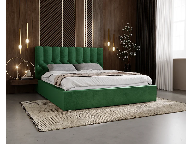 Emporius Lit rembourré 140x200 Sevilla - tête de lit, Haute rembourrée, Rangement - Lit chesterfield Vert (Magic Velvet 2225)