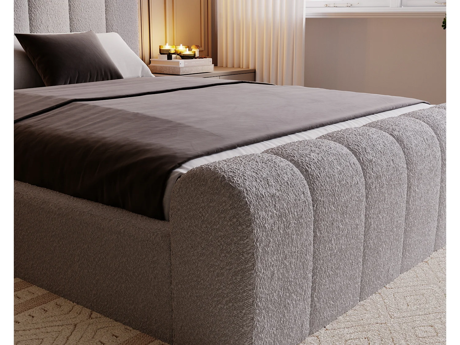 Emporius Polsterbett Bouclé 160x200 Valetta - Bett mit Bettkasten, Lattenrost & Kopfteil - Hersteller, Doppelbett 160x200 (Hellgrau - Anthology 15)