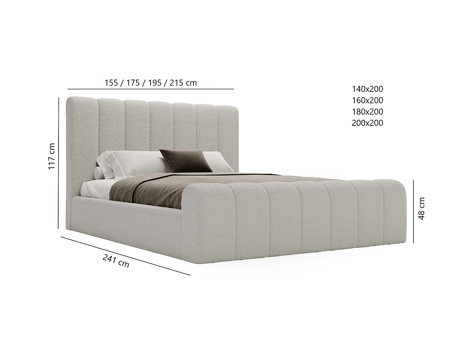 Emporius Lit 160x200 Valetta - Lit Rembourré avec Rangement, Sommier à Lattes, Lit adulte 160x200 bouclé - Gris clair (Anthology 15)