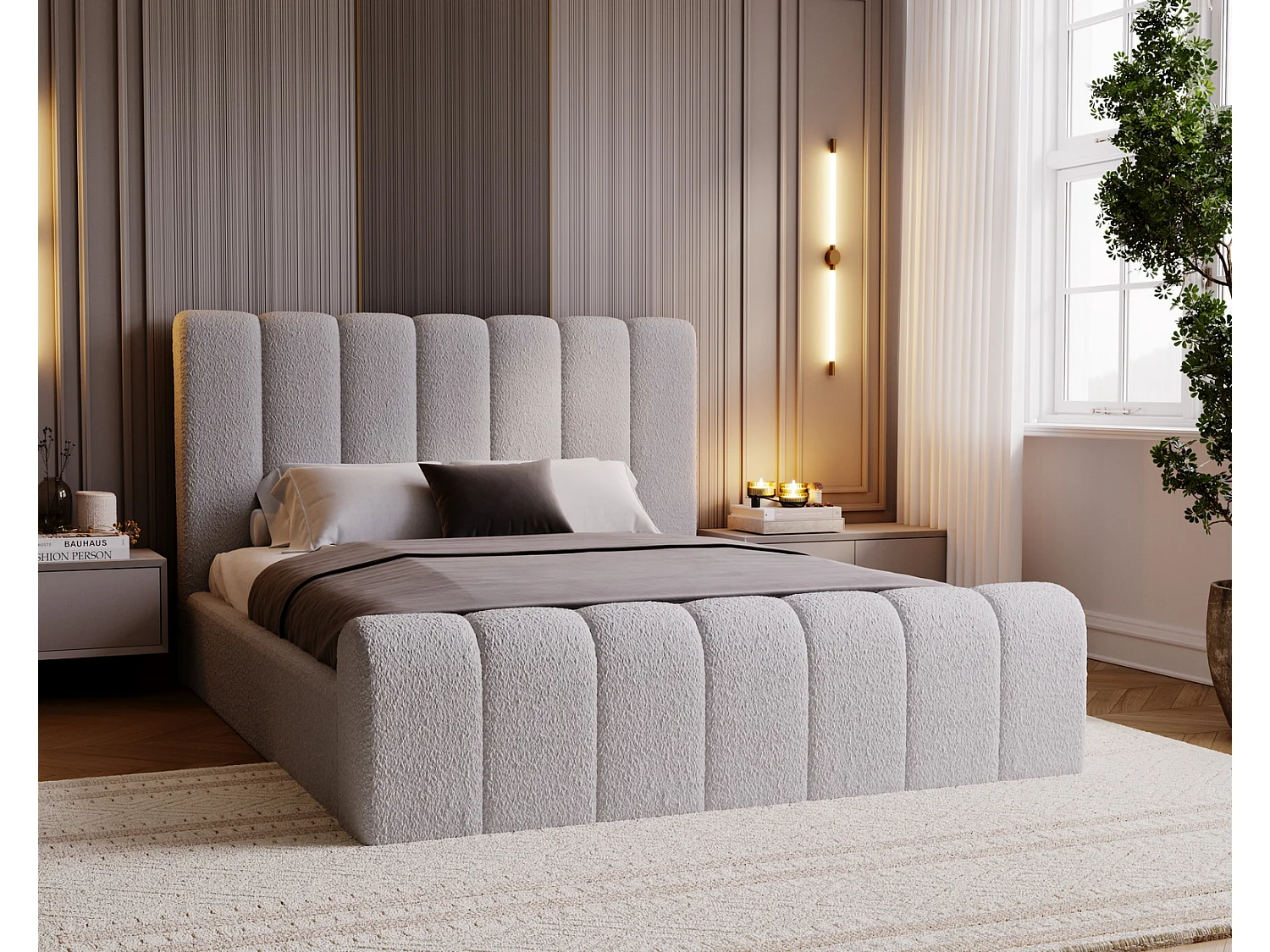 Emporius bed bouclé 160x200 Valetta - Gestoffeerd bed met opbergruimte, luxe bed met lattenbodem en bedlade - tweepersoonsbed 160x200 - Lichtgrijs (Anthology 15)
