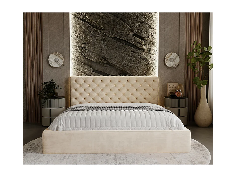 Emporius Lit double avec rangement 160x200 Ali - Lit adulte glamour - Velour Beige (Magic Velvet 2201)
