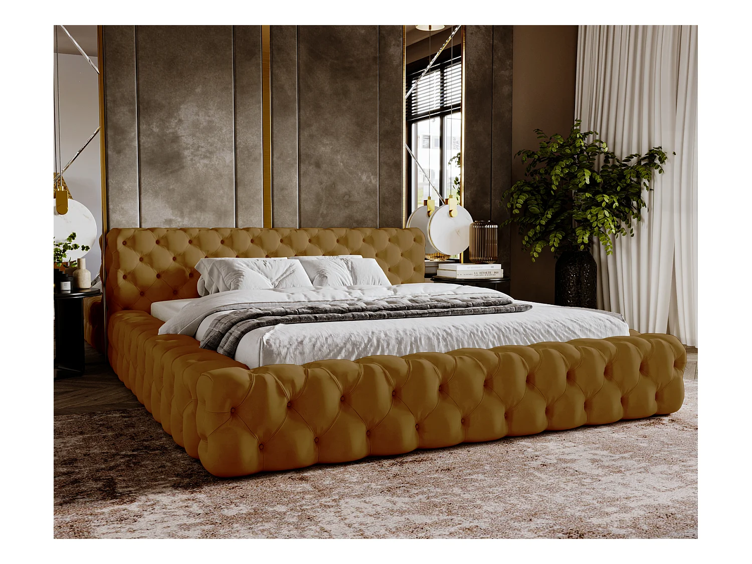 Emporius Lit rembourré avec rangement Vigo, Lit adulte 140x200 cm - Doré (Amor Velvet 4325)