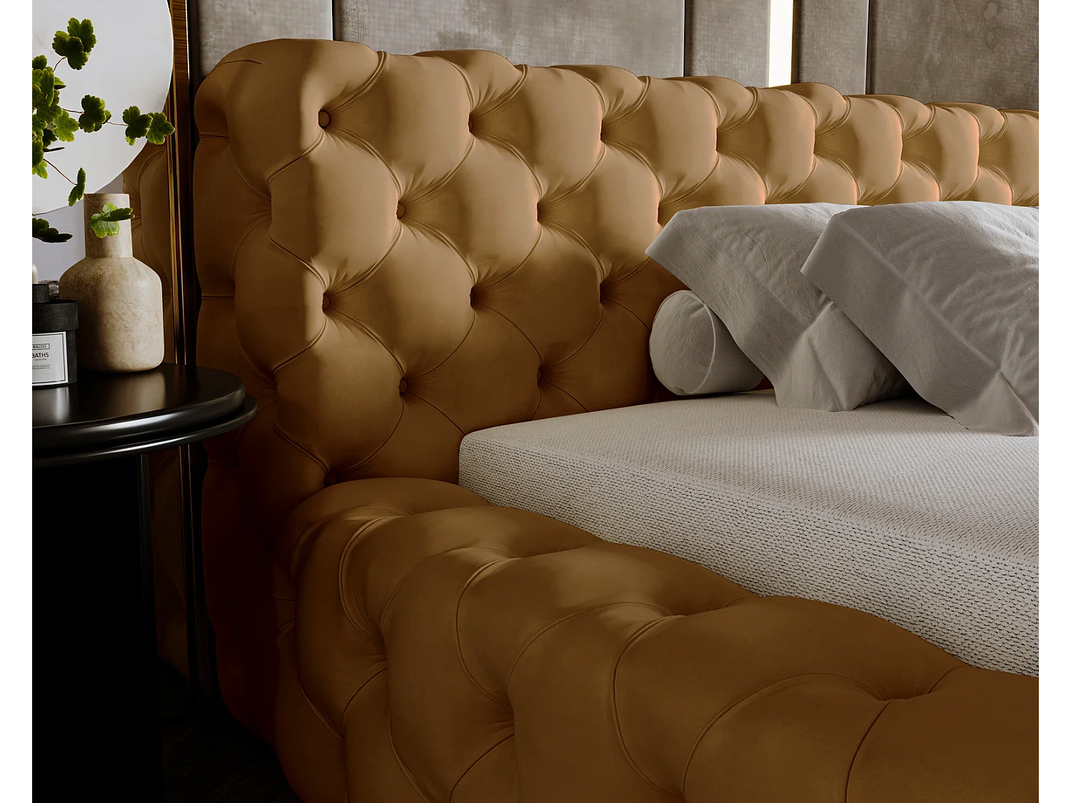 Emporius gestoffeerd bed 140x200 Vigo, bed met lattenbodem - tweepersoonsbed 140x200 cm, groot hoofdeinde - fluwelen Goud (Amor Velvet 4325)