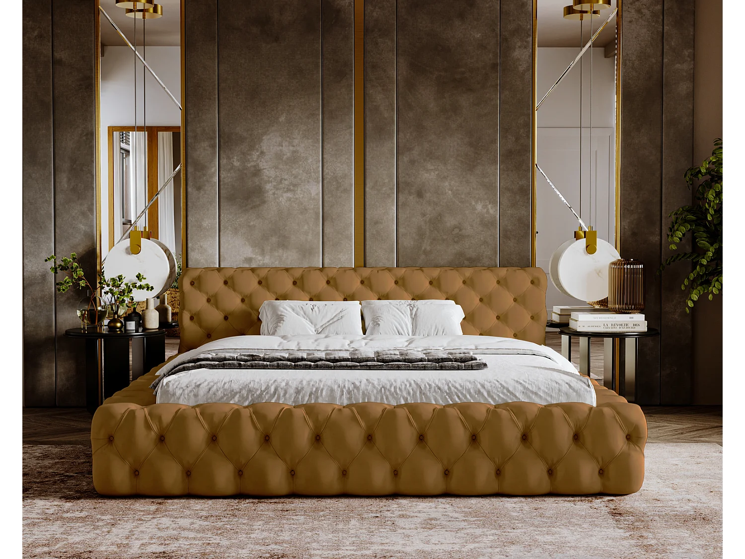 Emporius gestoffeerd bed 140x200 Vigo, bed met lattenbodem - tweepersoonsbed 140x200 cm, groot hoofdeinde - fluwelen Goud (Amor Velvet 4325)