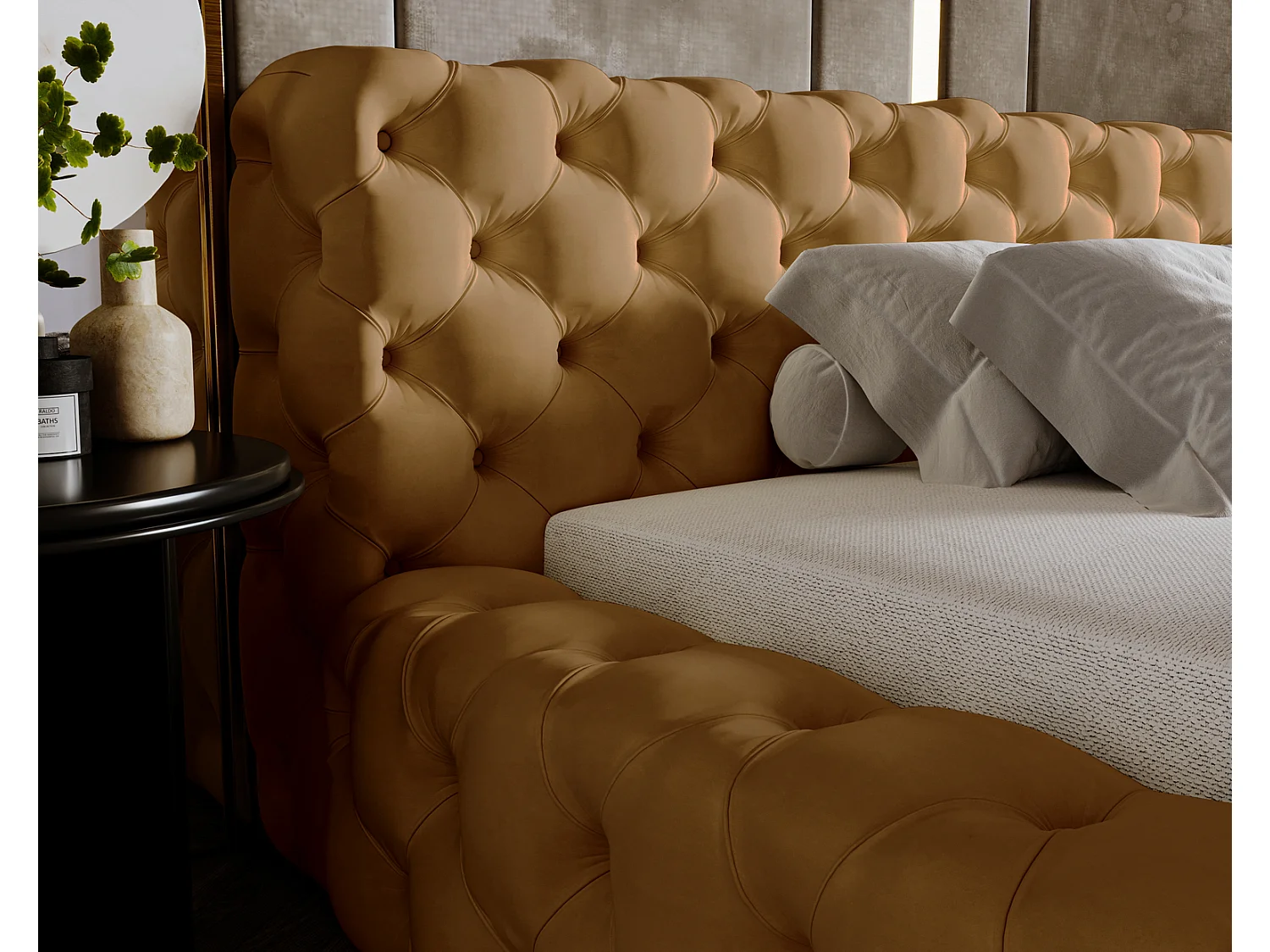 Emporius Lit rembourré avec rangement Vigo, Lit adulte 140x200 cm - Doré (Amor Velvet 4325)