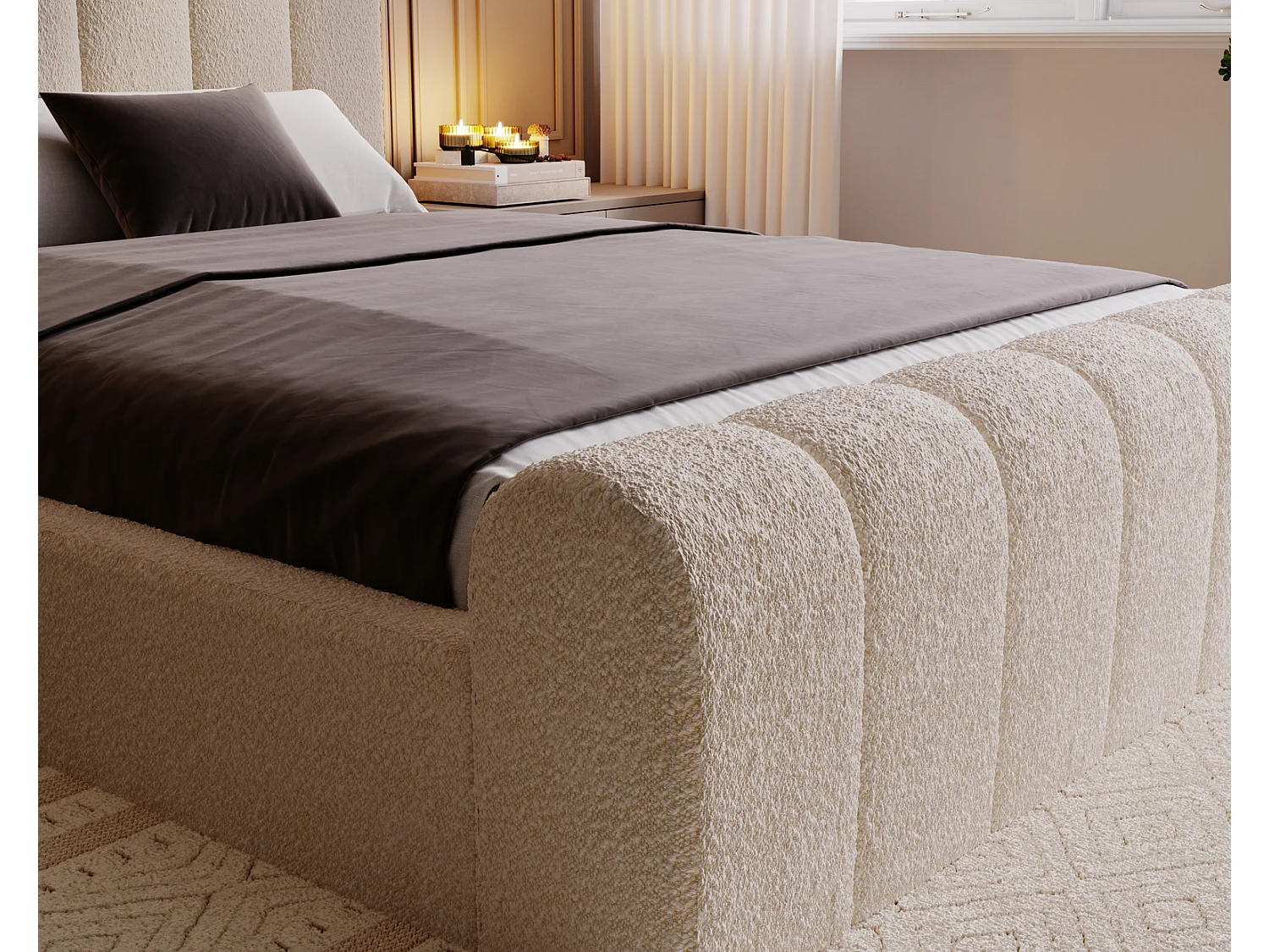 Emporius bed bouclé 140x200 Valetta - Gestoffeerd bed met opbergruimte, luxe bed met lattenbodem en bedlade - tweepersoonsbed 140x200 - Beige (Anthology 3)