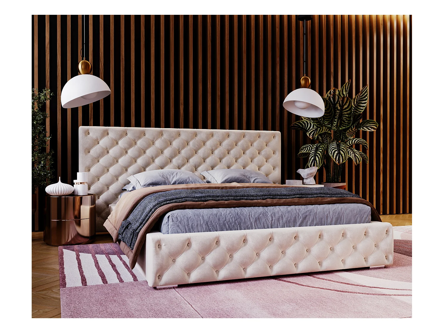 Emporius Lit double 180x200 Bella - Chesterfield Lit, tissu Velvet, Rangement, Sommier à Lattes - Lit double Beige (Magic Velvet 2201)