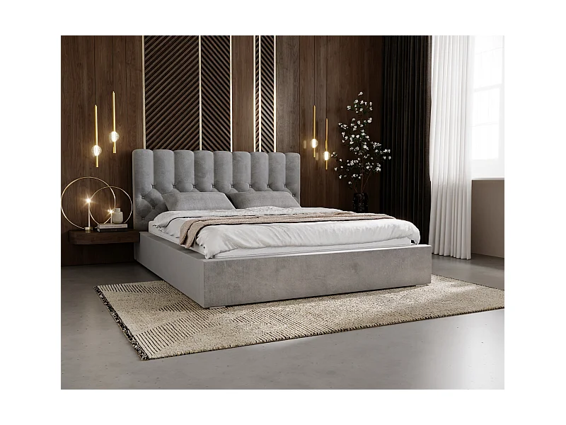 Emporius Lit rembourré 140x200 Sevilla - tête de lit, Haute rembourrée, Rangement - Lit chesterfield Gris (Magic Velvet 2217)