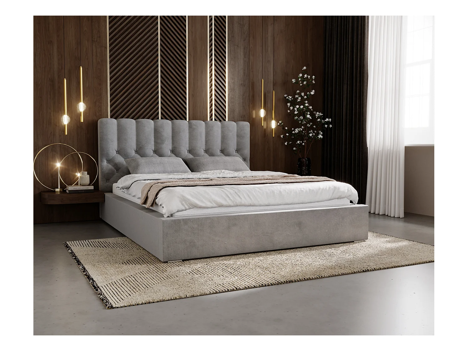 Emporius Lit rembourré 140x200 Sevilla - tête de lit, Haute rembourrée, Rangement - Lit chesterfield Gris (Magic Velvet 2217)